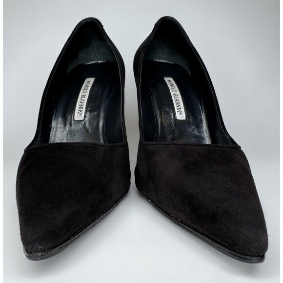 Manolo Blahnik Bipunta Size 39,5 Black Suede Leather Pumps Silver Heel Detail - Picture 4 of 11
